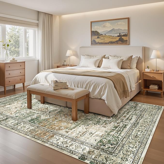 6x9 Area Rugs for Living Room Non-Slip Washable Rugs 6x9 Vintage Rug for Bedroom Dinning Room Ultra-Thin Area Rugs Farmhouse Home Decor Olive/Beige