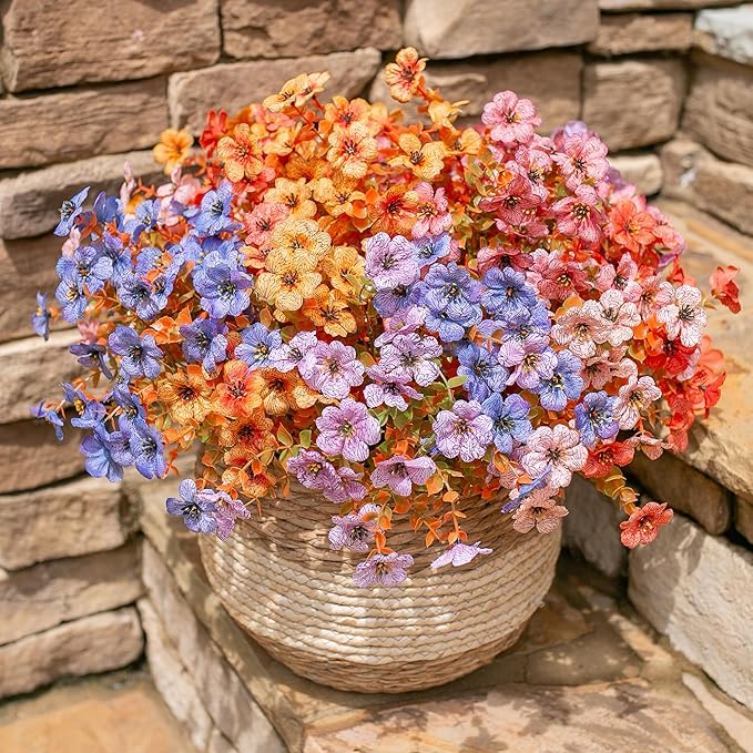 HyeFlora Artificial Fall Flowers Faux Mums for Outdoor Indoor Garden Home Decoration, Faux Flower Daisy with Eucalyptus Leaves Fake Plants Greenery Boxwood Porch Patio, 12 Bundles (6 Fall Multicolor)
