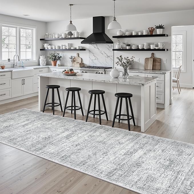 Washable Runner Rug, 2'6" x 8' Non-Slip Kitchen Vintage Foldable Hallway Runners for Entryway, Laundry, Bedroom, Grey