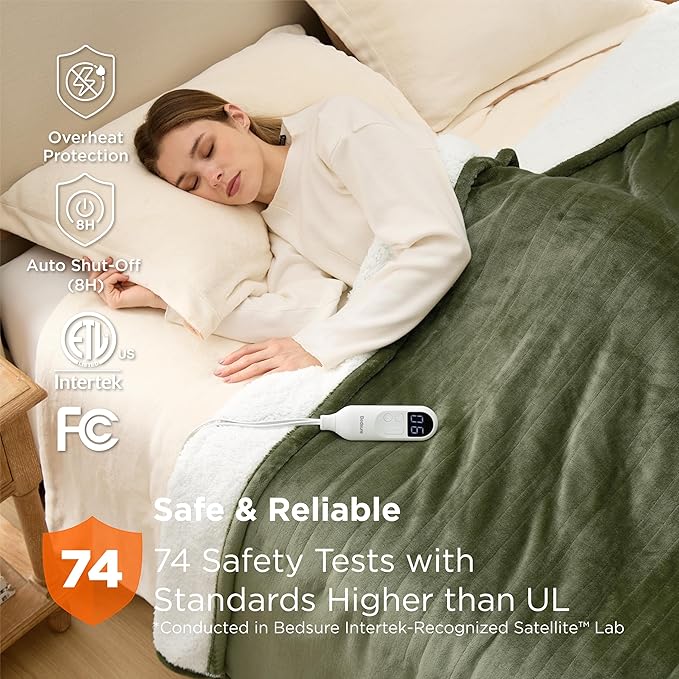 Bedsure Electric Blanket Twin - Soft Flannel Heated Blanket, Fast Heating with 10 Time Settings & 6 Heat Settings, Warm Gift for Grandma (62x84 inches, Olive Green)