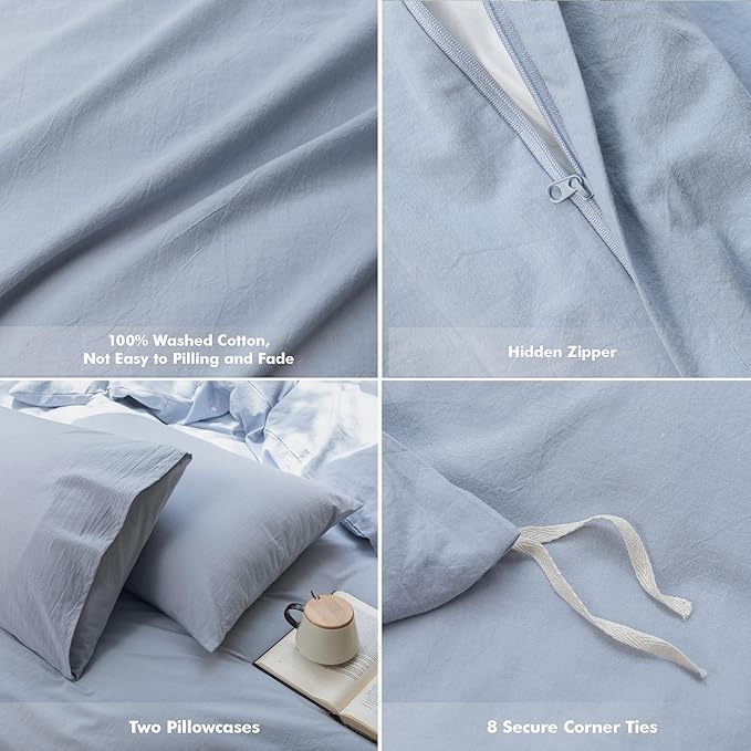 FOSSA Duvet Cover Set 100% Washed Cotton Linen Feel Super Soft Breathable Cozy Simple Style 3 Pieces Bedding Sets Solid Cornflower Blue Twin XL