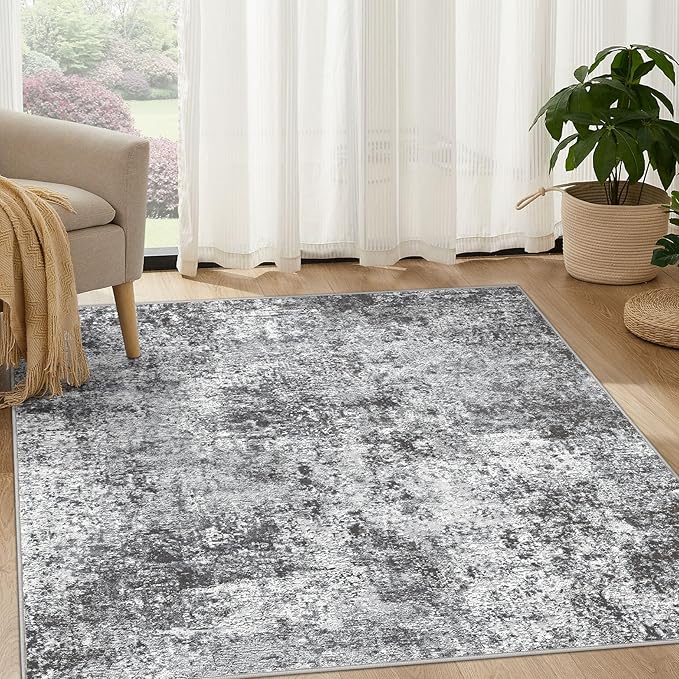 Square Area Rug Living Room Rugs - 5x5 Washable Large Soft Indoor Neutral Modern Abstract Low Pile Rug Carpet for Bedroom Dining Room Farmhouse Home Office - Grey