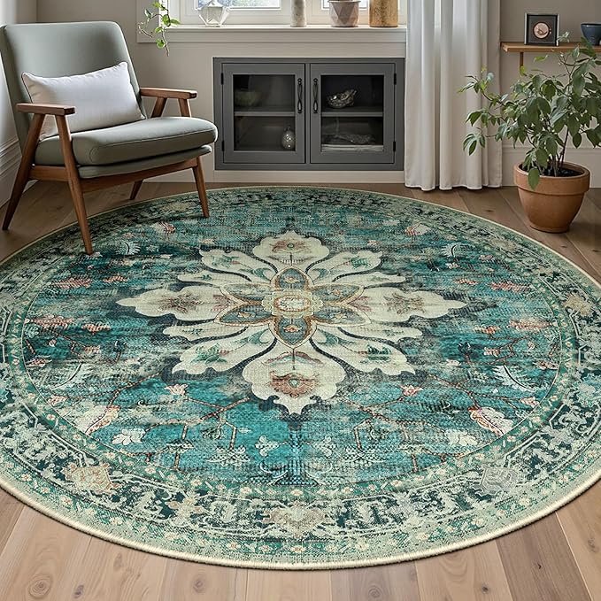 Area Rugs 5ft Washable Non-Slip, Floral Vintage Distress Print Pattern Medallion Carpet for Living Room Bedroom Dining Room, Dark Blue Vintage