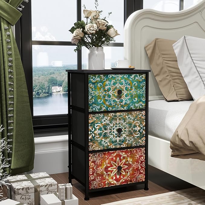 GiftGo Retro Dresser with Fabric Drawers Boho Mandala Flower Chest of Drawers Narrow Storage Tower for Small Spaces Gaps Bedroom Beautiful Nightstand Living Room Table (Mandala, 3 Drawers)