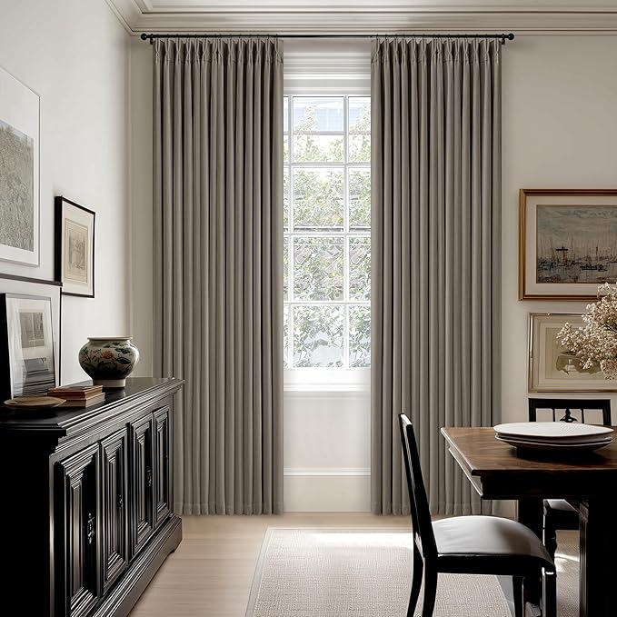Taupe Gray Linen Blackout Pleated Curtains 90 Inches Long for Living Room Darkening Pinch Pleat 100% Black Out Drapes Thermal Insulated Soundproof Greyish Brown 90 Inch Curtain for Dining Bedroom