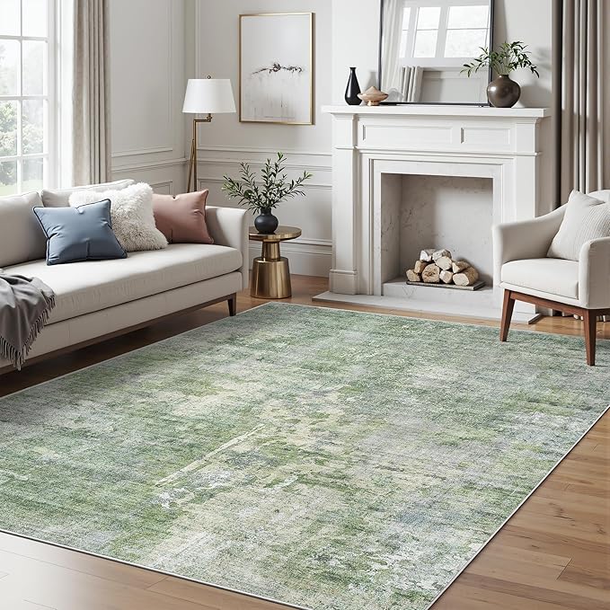 Abstract Rug 5x7 Machine Washable Area Indoor Green Low Pile Non-Slip Foldable Thin Accent Rugs for Bedroom Living Room Dining Room