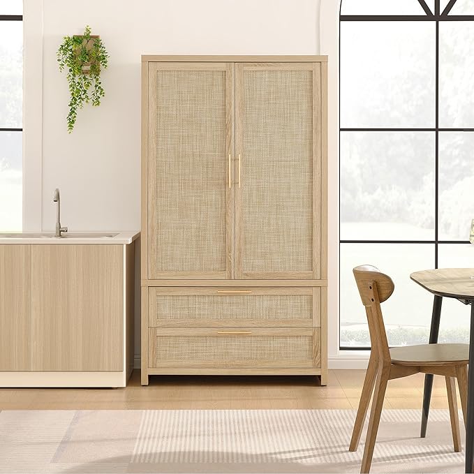 SICOTAS Rattan Armoire Wardrobe Closet Cabinet, 71" Wardrobe Storage Cabinet with 2 Drawers, and Hanging Rod, Boho Large-Capacity Deep Armoire Clothes Organizer for Bedroom, Cloak Room, Light Oak