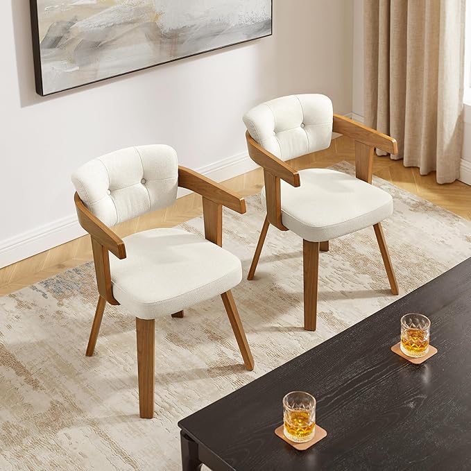 Art Leon Modern Dining Chairs - Set of 2 Mid Century Dining Chairs Fabric Upholstered Swivel Chairs Comfy Desk Chair No Wheels Accent Arm Chair for Kitchen Living Room Study, Off White/Walnut