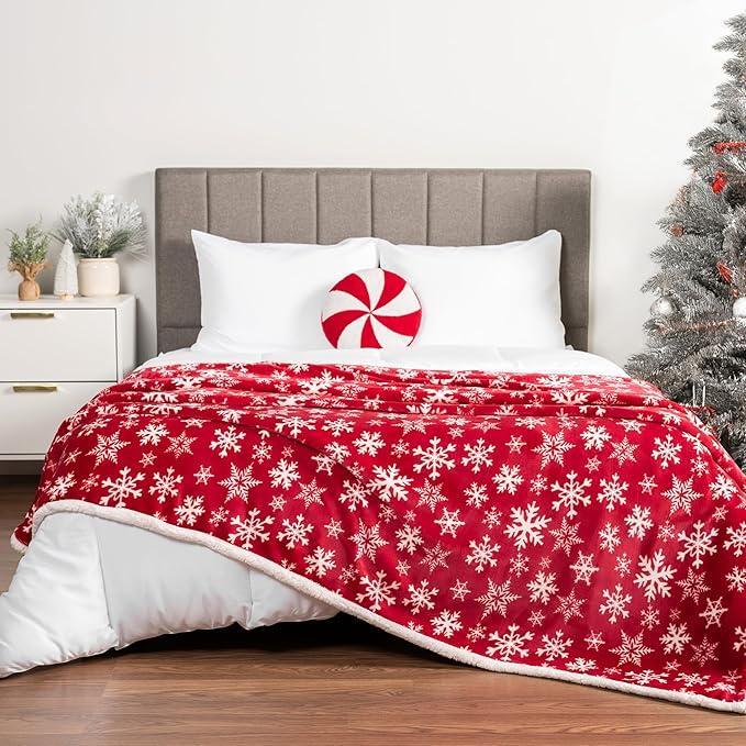 PAVILIA Premium Christmas Sherpa Throw Blanket | Red Snowflake Decoration, Fleece, Plush, Warm, Cozy Reversible Microfiber Holiday Blanket 50 x 60