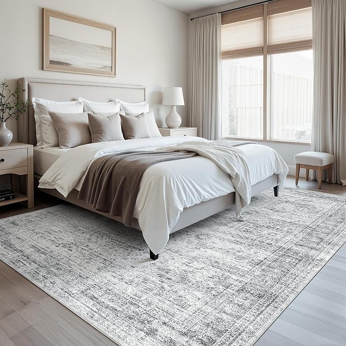 9x12 Area Rugs for Living Room, Non Slip Machine Washable Vintage Rugs, Low Pile Lightweight Large Rug for Bedroom, Dining Room, Home Office Grey