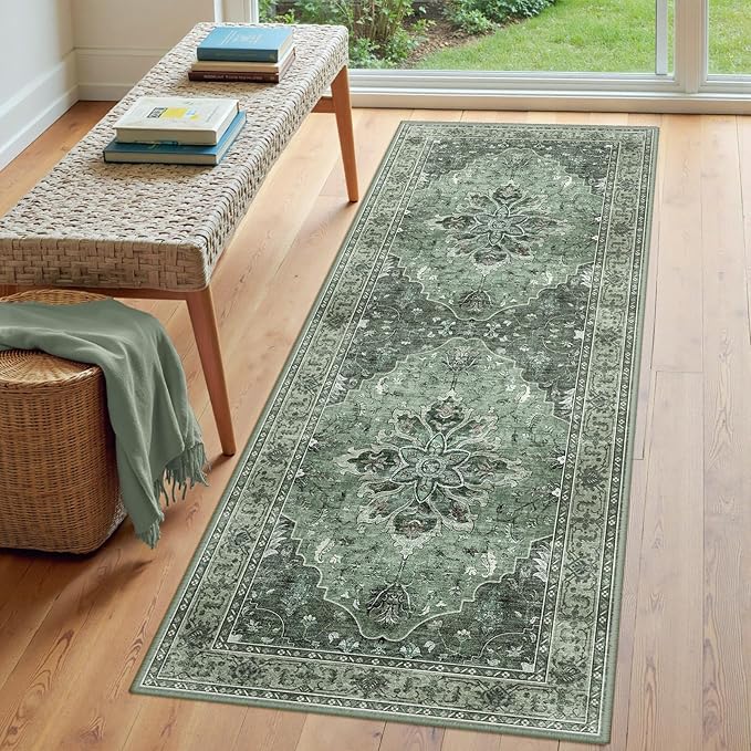 Area Rugs 3'x8' Washable Non-Slip, Floral Vintage Distress Print Pattern Medallion Carpet for Living Room Bedroom Dining Room, Dark Green Gray