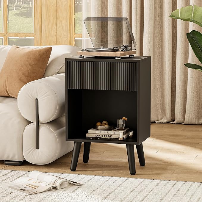 Nightstand, Modern Bedside Table with Storage Drawers and Open Wood Shelf, Night Stand with Solid Wood Legs, End Tables Side Tables for Living Room, Bedroom Black