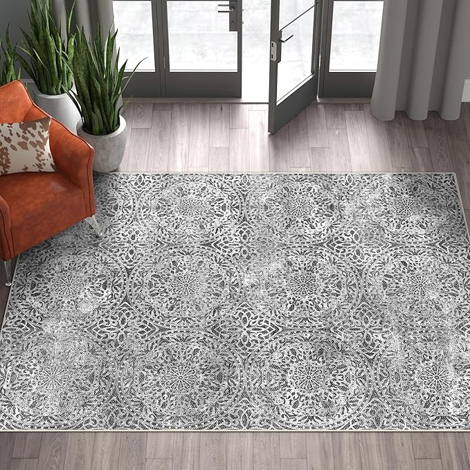 vivorug 6x9 Area Rugs, Ultra-Soft Washable Rug for Living Room Dinner Room Bedroom, Non-Slip Vintage Rug, Indoor Carpet Large Area Rug, Grey