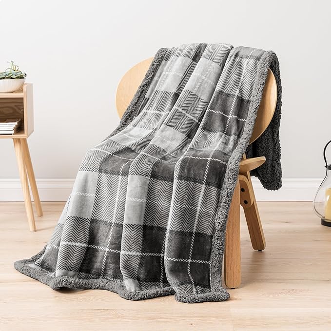 Pavilion Light Grey Plaid Sherpa Throw Blanket for Couch Twin, Plush Flannel Fleece Throws, Soft Fuzzy Cabin Blanket for Sofa Bed, Warm Cozy Winter Gift, 60x80