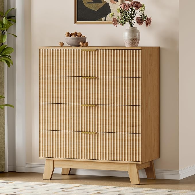39" Tall Dresser for Bedroom, 4-Drawer Fluted Chest of Drawers, Modern Wood Highboy with Deep Storage, Metal Slides & Handles, Anti-Tip Kit, Vertical Clothes Organizer for Apartment, Nursery