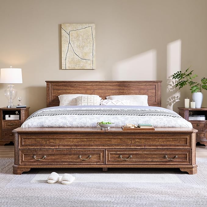 T4TREAM Farmhouse King Bed with Headboard and Storage Bench, Rustic Wood Platform Bed with 80" Storage Chest w/ 4 Large Drawer, Dark Brown