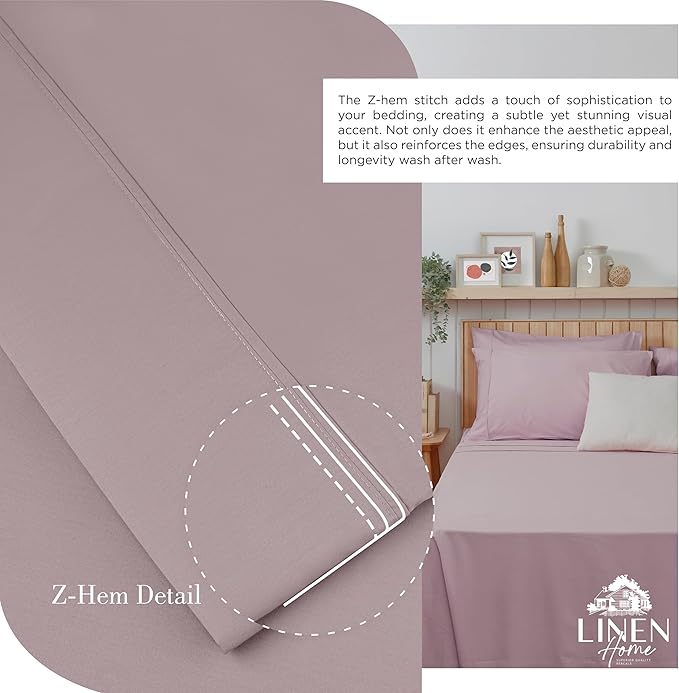 Linen Home 100% Cotton Percale Sheets Twin Size,Mauve Lavender, Deep Pocket, 3 Pieces Set - 1 Flat, 1 Deep Pocket Fitted Sheet and 1 Pillowcase, Crisp Cool and Strong Bed Linen