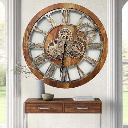 The Gears Clock The Original Real Moving Gear Wall Clock Vintage Industrial Oversized Rustic Farmhouse (24 inch (60cm), Vintage Brown)
