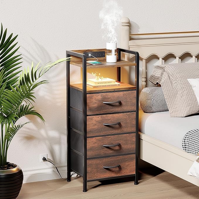 Night Stand Bedside Table Bedroom - Tall Nightstand with Charging Station & LED Light Strip, Bed Side Table with Storage Shelf & 4 Drawers, End Table with U-S-B Ports & AC Outlets, Brown