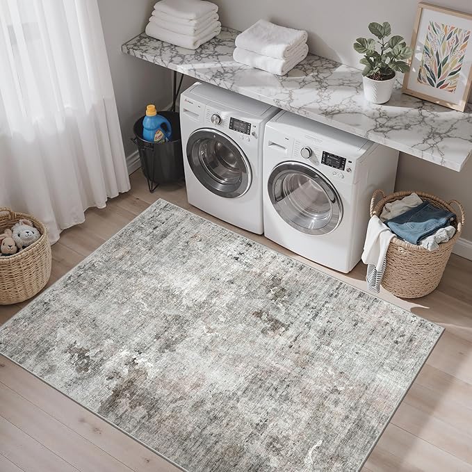 3x5 Rug, Abstract Small Area Rug for Kitchen, Entryway, Machine Washable Non-Slip Throw Rug, Vintage Carpet for Nursery Coffee Table Pink Grey