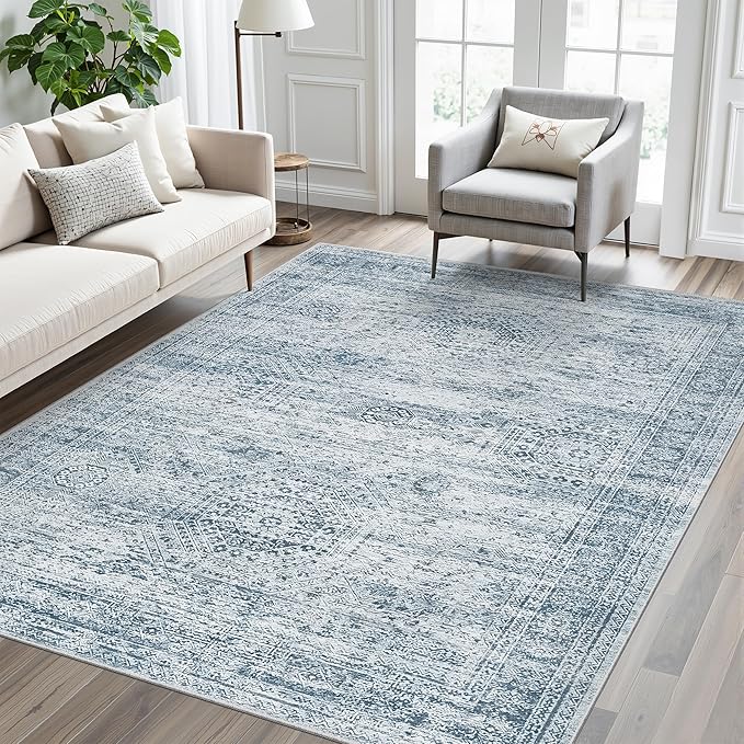 5x7 Area Rugs Blue Low Pile Indoor Washable Trendy Faded Style Rugs for Bedroom Living Room Dining Room Foldable Non-Slip Thin Print Mat