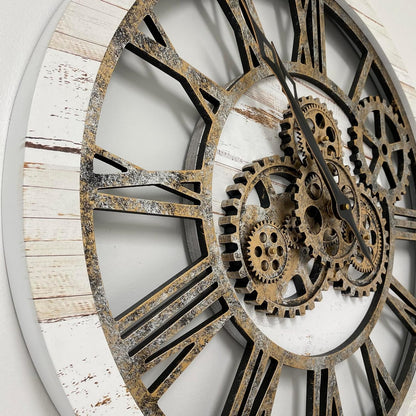 The Gears Clock The Original Real Moving Gear Wall Clock Vintage Industrial Oversized Rustic Farmhouse (24 inch (60cm), Vintage Desert Beige and Bronze)