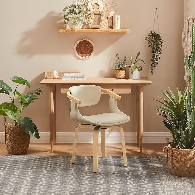 Art Leon Swivel Dining Chairs - Mid Century Modern Fabric Upholstered Kitchen Dining Room Chair with Arms, Desk Chairs No Wheels, Set of 2, Off White