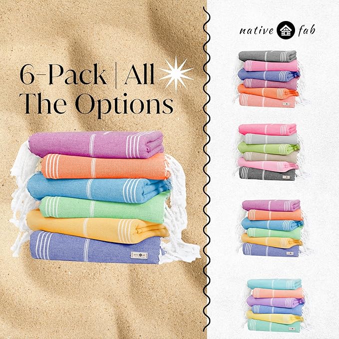 Native Fab 6 Pack Turkish Beach Towels, Oversized 40"x71", 100% Cotton, Thin & Lightweight, Quick-Dry, Sand-Free, Soft, Travel Friendly, Compact, Ideal for Pool, Spa, Gym, Beach - Multi 6 Colors