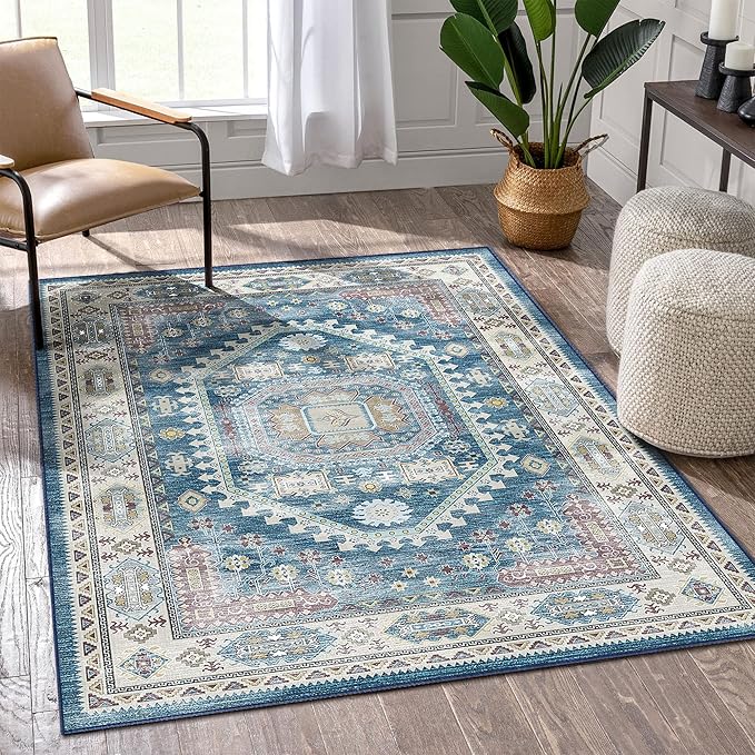 vivorug 3x5 Rug, Small Area Rug for Living Room, Bedroom, Kitchen, Machine Washable Non-Slip Throw Rug, Vintage Distressed Medallion Carpet for Entryway Nursery Dinner Room - Durable (Blue)
