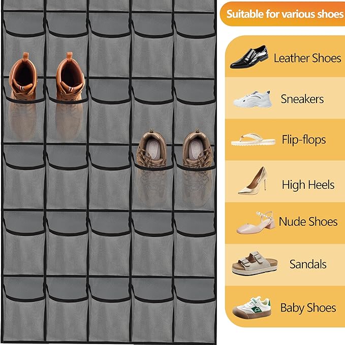 Over the Door Shoe Organizer, 40 Large Mesh Pockets Hanging Shoe Rack Organizer for Closet Behind The Door Storage Holder for Entryway Bedroom Dorm Gray