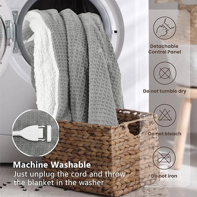 Heated Blanket Electric Blanket Queen Waffle,84x90 Inches Sherpa Fleece Fast Heating Blanket 6 Heating Levels & 10 Hours Auto Off ETL Certification, Grey Queen