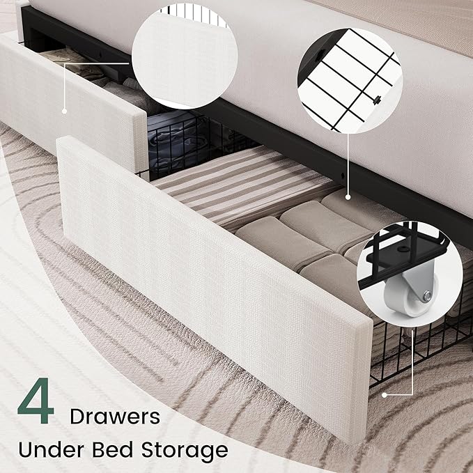 LARMACE King Size Bed Frame with 4 Storage Drawers and Wingback Headboard Linen Upholstered Platform Bed Frame with Wooden Slats, Easy Assembly, White
