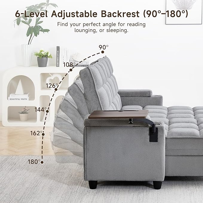 70.9" Chaise Lounge Chair Indoor, Oversized Boucle Upholstered Sofa Bed, Adjustable Backrest Deep Seat Reading Chair, Sofas Couches for Living Room with Storage, Cup Holders & 360° Swivel Side Table