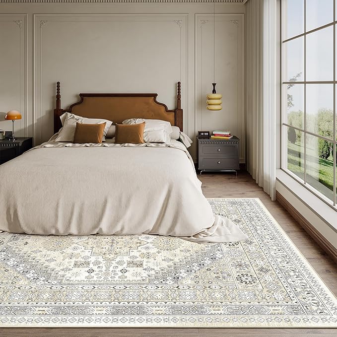 zesthome 5x8 Area Rugs - Ultra-Thin Washble Rug, Stain Resistant Anti Slip Backing Rugs for Living Room,Bedroom, Vintage Home Decor Area Rug (Beige,5'x8')