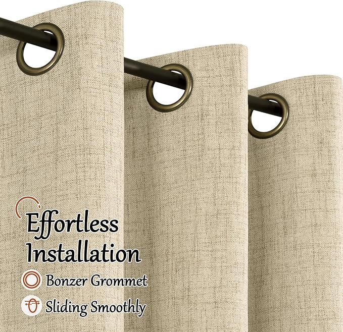 60 Inch Wide Linen Blackout Curtains for Living Room/Bedroom 84 Inch Length 2 Panels, Total Black Out Thermal Insulated Soundproof Grommet Boho Window Drapes White Liner for Modern Farmhouse, Burlap