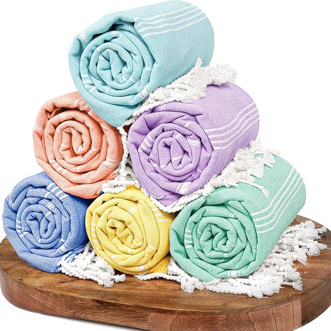 Native Fab Turkish Cotton Beach Towels Set of 6, Oversized 40x71 Inches, Thin & Lightweight, Quick Drying, Sand Resistant, Compact for Travel - Perfect for Summer, Beach, Pool, Spa - Multi 6 Colors