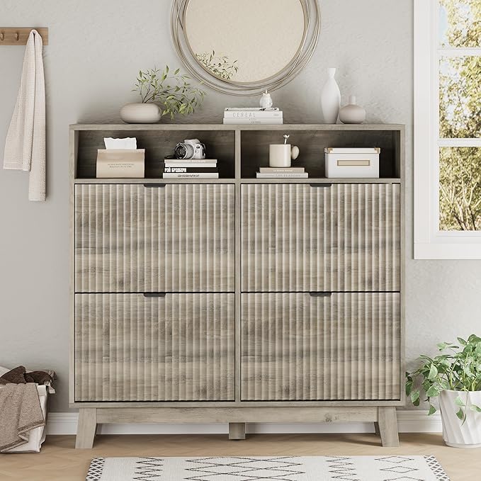Shoe Cabinet with 4 Flip Drawers, 46" Tall Narrow Fluted Shoe Storage Organizer for Entryway, Hidden Slim Wooden Shoe Rack Cabinet for Front Door Entrance, Hallway, Living Room, Light Grey