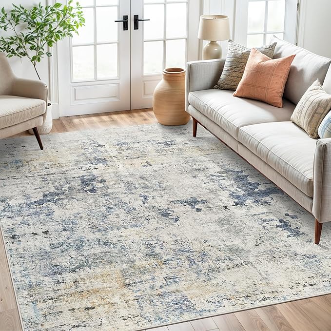 6x9 Abstract Area Rugs for Living Room 6 x 9 Washable Non Slip Low Pile Gray Rugs for Bedroom Dining Room Foldable Thin Blue Yellow