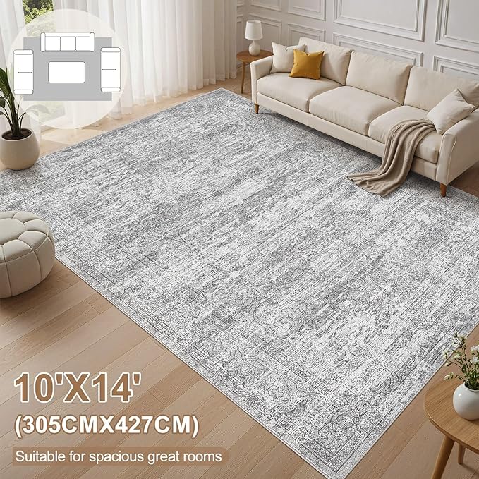 Area Rug Living Room Rugs - 10x14 Abstract Large Soft Indoor Washable Rug Neutral Modern Low Pile Carpet for Bedroom Dining Room Farmhouse Home Office - Vintage Grey