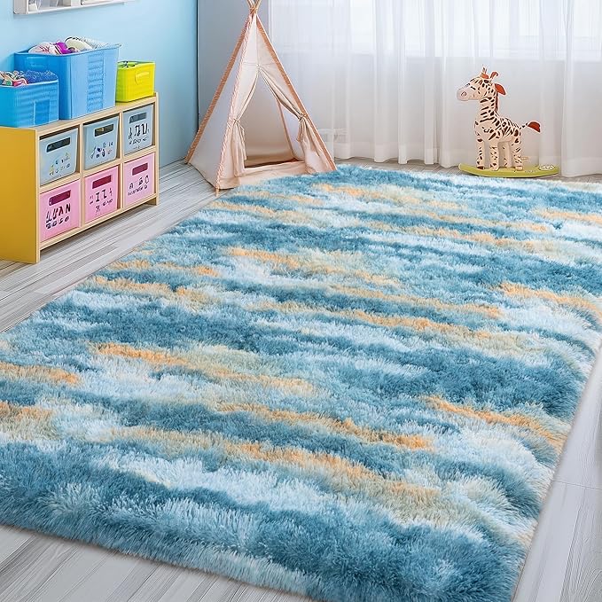 Fluffy Rugs for Living Room, 6x9 Feet Abstract Blue Large Shag Area Rugs for Bedroom, Non-Slip Indoor Modern Fuzzy Plush Floor Carpet for Dorm Nursery Kids Room Decor, Soft Shaggy Throw Rug