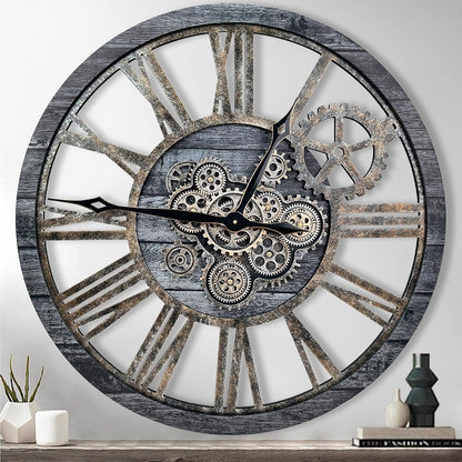 The B-Style Large Real Moving Gears Wall Clock 30 inch Rustic Retro Industrial Farmhouse Wood Clock Oversized Decorative Vintage Wall Clocks for Living Room (Carbon Gray)