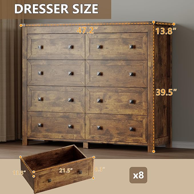 Tall 8-Drawer Dresser, Modern Wooden Storage Chest of Drawers, Dresser TV Stand, Wood Drawer Organizer with Metal Handles for Bedroom, Living Room, Hallway
