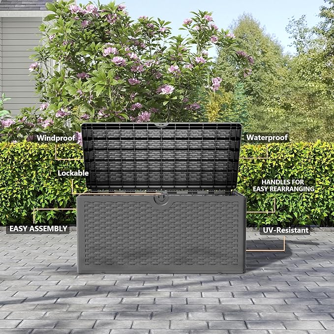 90 Gallon Plus Outdoor Storage Box Waterproof Lockable Resin Deck Box Large, Patio Storage Bin for Pool Accessories Cushion Furniture, Garden Tools, UV-Resistant Outside Delivery Black