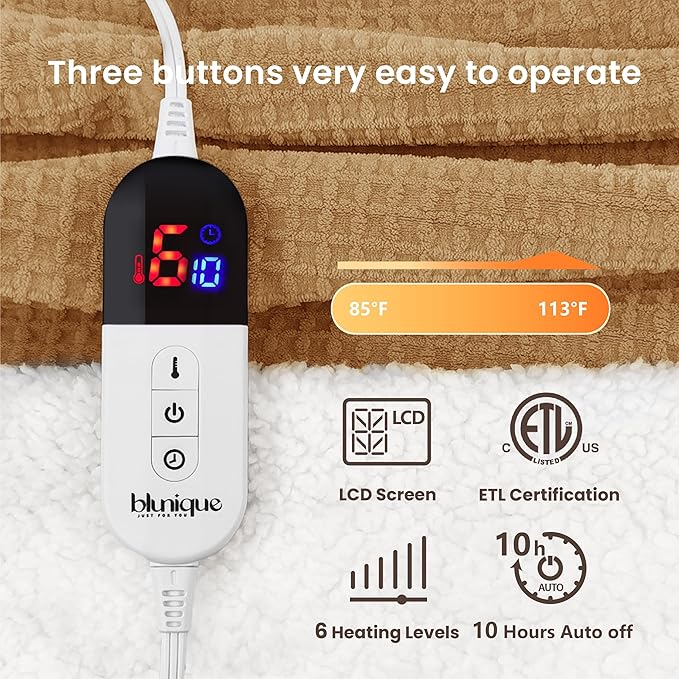 Heated Blanket Electric Blanket Full Waffle,72x84 Inches Sherpa Fleece Fast Heating Blanket 6 Heating Levels & 10 Hours Auto Off ETL Certification, Caramel Full