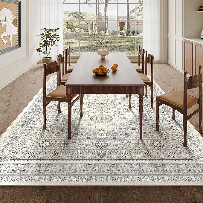 zesthome 7x9 Area Rug, Super Soft Washable Rugs for Living Room, Non-Slip Stain Resistant Vintage Rugs, Ultra-Thin Large Area Rugs (Beige,7'x9')