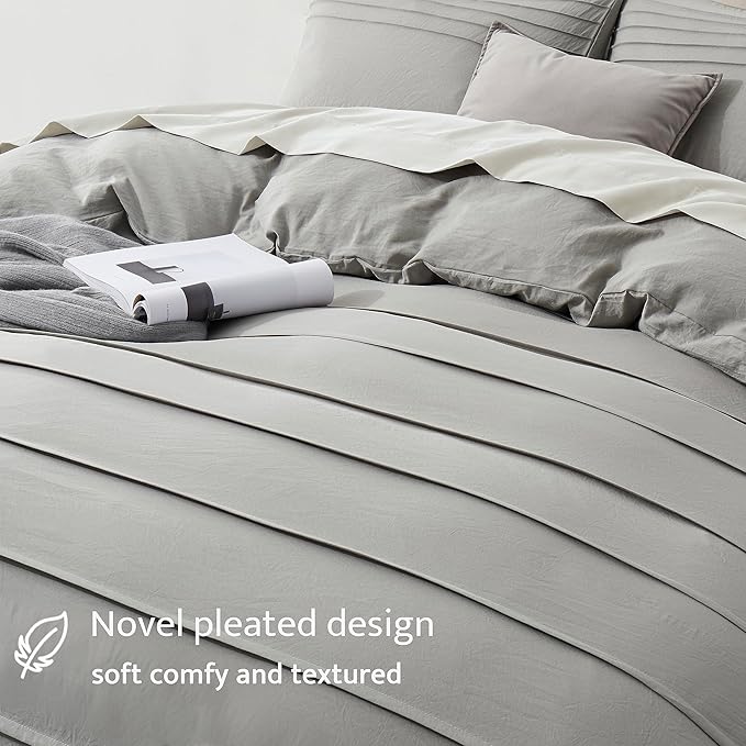 Oli Anderson Light Grey Duvet Cover King Size - Pleated King Duvet Cover, 3PCS Soft and Breathable Textured Bedding Set with Zipper Closure(Light Grey,104"x90")