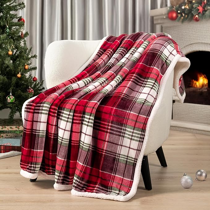 PAVILIA Christmas Plaid Blanket | Sherpa Fleece Flannel Throw Blanket | Christmas Plaid Warm Plush Microfiber Blanket for Couch Sofa | 60x80 Inches