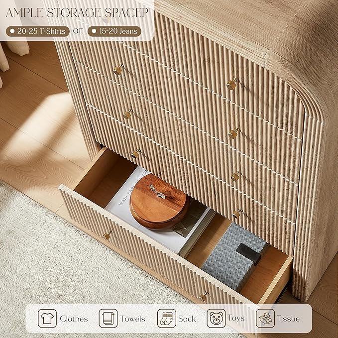 T4TREAM Fluted 5 Drawers Dresser, 48" Tall Modern Chest of Drawers with Thickened Curved Profile Design, Wood Closet Clothes Storage Organizer for Bedroom, Living Room, Hallway, Natural Oak