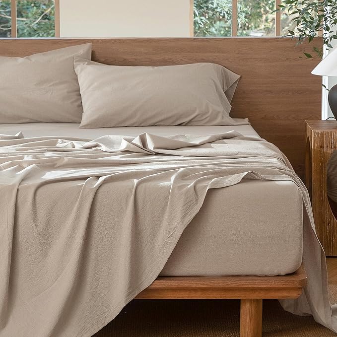 MooMee Bedding Sheet Set 100% Washed Cotton Linen Like Textured Breathable Durable Soft Comfy (Heathered Tannish Linen Grey, Full)