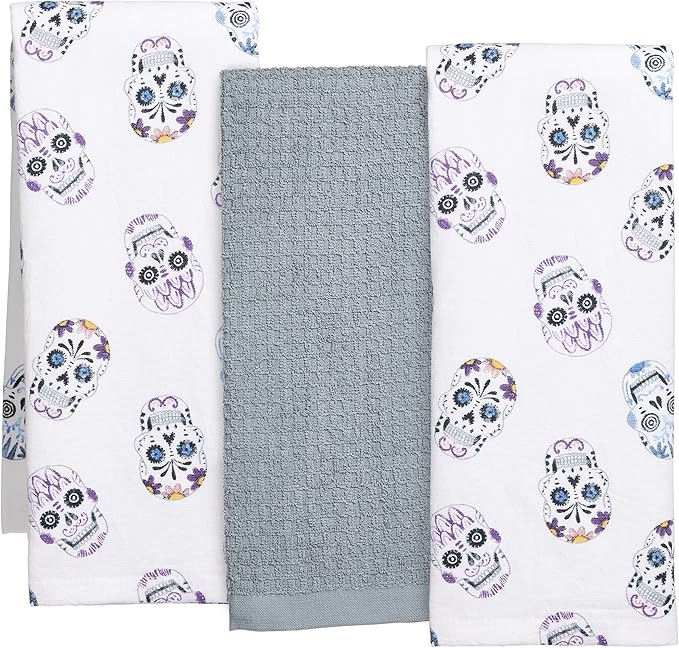 Rae Dunn Set of Hand Towels for Kitchen and Bathroom, 100% Cotton, Embroidered Dish Towels, Decorative Hand Towels, Skulls/Gray, 3 Pack